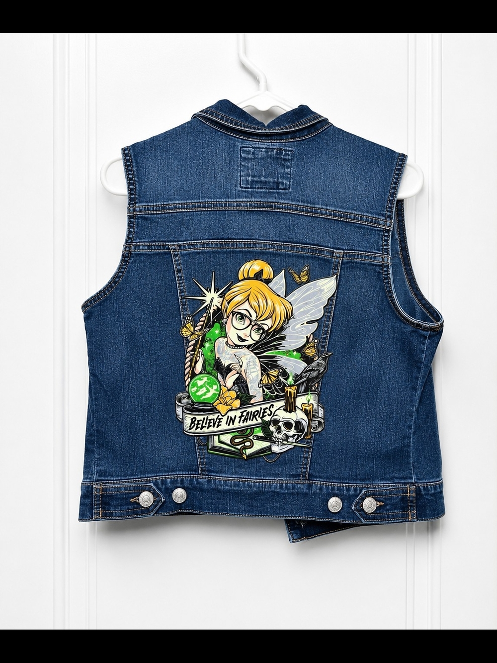 Wax Jean Blue Denim Vest with Green Fairy Graphic